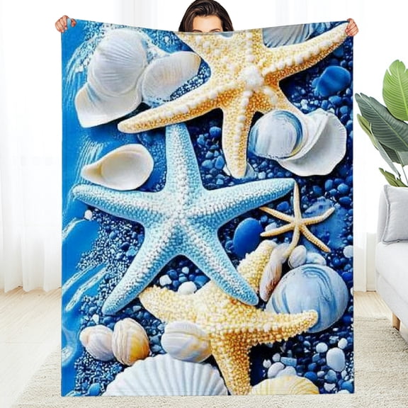 RKSupls Starfish Seashell Beach Print Soft Flannel Throw Blanket, Lightweight Fuzzy Warm Cozy Blanket for Couch Bed Home Travel Decor