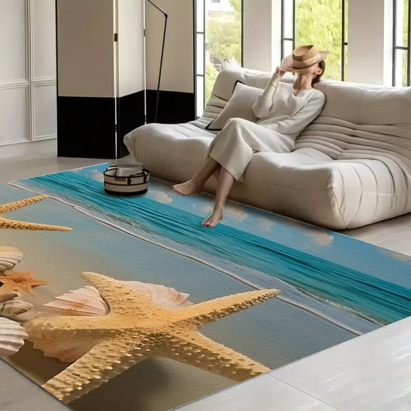 RKSupls 4x3ft Starfish Shells Beach Marine Soft Fluffy Velvet Area Rug for Living Room Bedroom, Non-Slip Washable Carpet, Chic Minimalist Home Decor