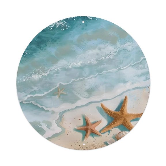 RKSupls Starfish Shells Beach Sunrise 7.9x7.9in Round Aluminum Plaque Wall Art, UV Printed Vintage Metal Sign with Pre-Drilled Holes for Home Bar Garage Cafe Decor