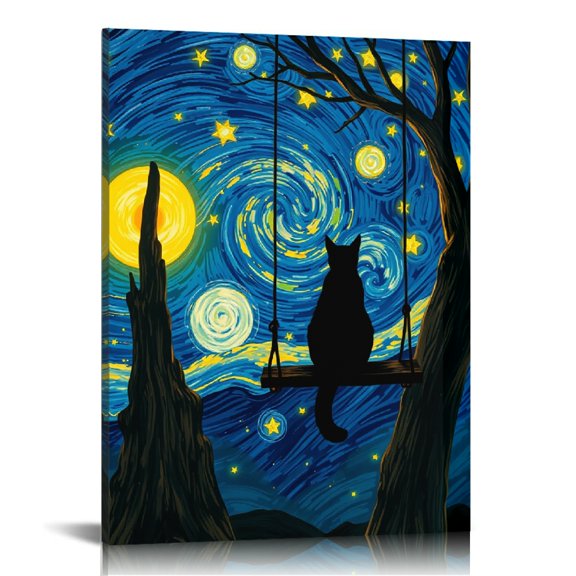 RKSupls Starry Night Cat Swing Van Gogh Canvas Wall Art, Canvas Prints Wall Art for Living Room Bedroom Entryway Office, Art Print Painting for Home Decor,12x16in