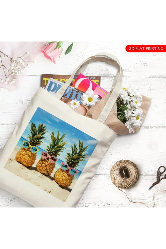 Summer Theme Canvas Tote Bag, Pineapple Pattern Reusable Shoulder Tote Bag for Women and Men, Large Durable Canvas Shoulder Bag Perfect for Grocery Work Beach Shopping