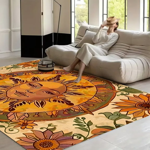 RKSupls Sun Face Floral Art Soft Fluffy Velvet Area Rug for Living Room Bedroom, Non-Slip Washable Carpet, Modern Minimalist Home Decor Floor Mat