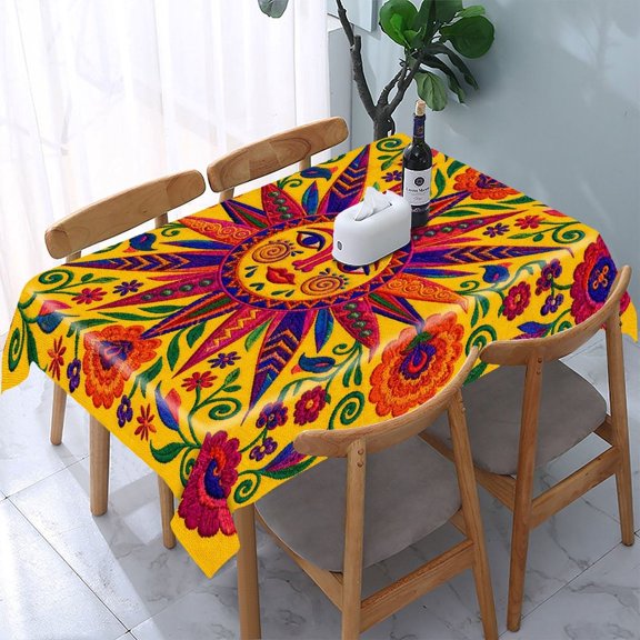 RKSupls Sun Face Flowers Rectangle Dining Tablecloth, Washable Wipeable Stain & Wrinkle Resistant Polyester Tablecloth for Kitchen Picnic Party