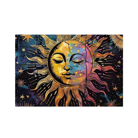 RKSupls Sun Face Stars Colorful Linen Placemats 30x45cm Straight Edge Stain Resistant Washable Non-Slip Table Mats Table for Kitchen Dining Room Home