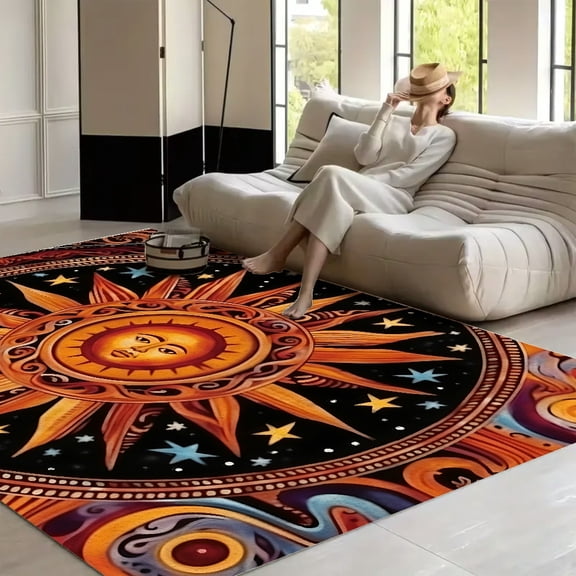 RKSupls Sun Face Stars Psychedelic  Soft Fluffy Velvet Area Rug   for Living Room Bedroom, Non-Slip Washable Carpet, Modern Minimalist Home Decor Floor Mat