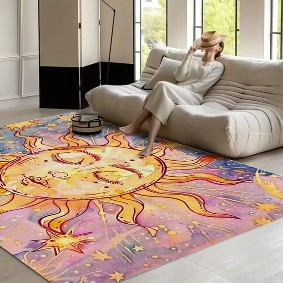 RKSupls Sun Face Stars Watercolor  Soft Fluffy Velvet Area Rug   for Living Room Bedroom, Non-Slip Washable Carpet, Modern Minimalist Home Decor Floor Mat