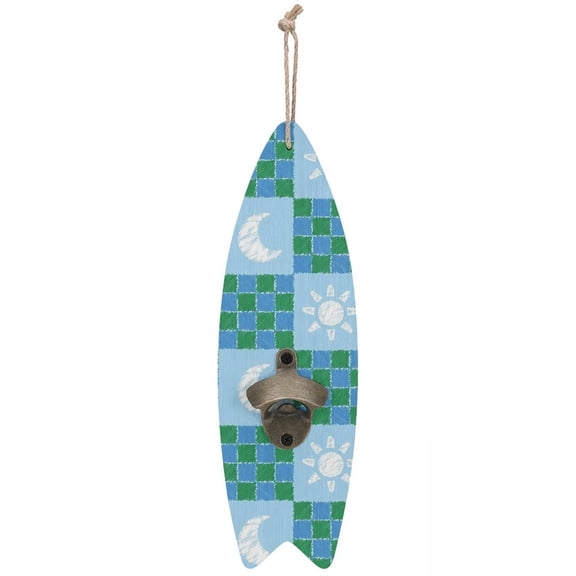 RKSupls Sun Moon Checkered Patchwork Pattern Wooden Wall Mounted Bottle Opener, MDF Hanging Beer Opener with Hemp Rope for Home Bar Farmhouse Decor