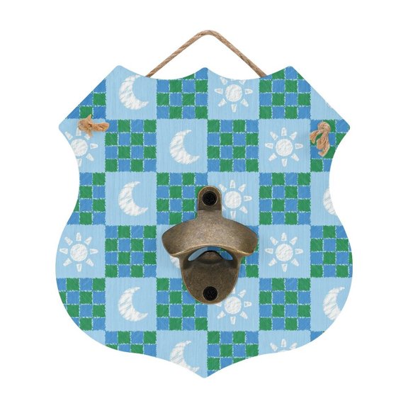 RKSupls Sun Moon Checkered Patchwork Pattern Wooden Wall Mounted Bottle Opener, MDF Hanging Beer Opener with Hemp Rope for Home Bar Farmhouse Decor