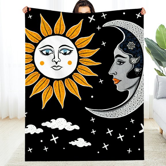 RKSupls Sun Moon Face Boho Celestial Soft Flannel Throw Blanket, Lightweight Fuzzy Warm Cozy Blanket for Couch Bed Home Travel Decor