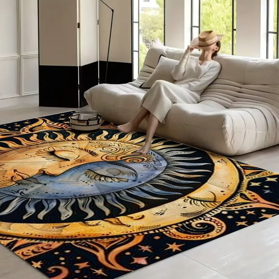 RKSupls Sun Moon Faces Boho  Soft Fluffy Velvet Area Rug   for Living Room Bedroom, Non-Slip Washable Carpet, Modern Minimalist Home Decor Floor Mat