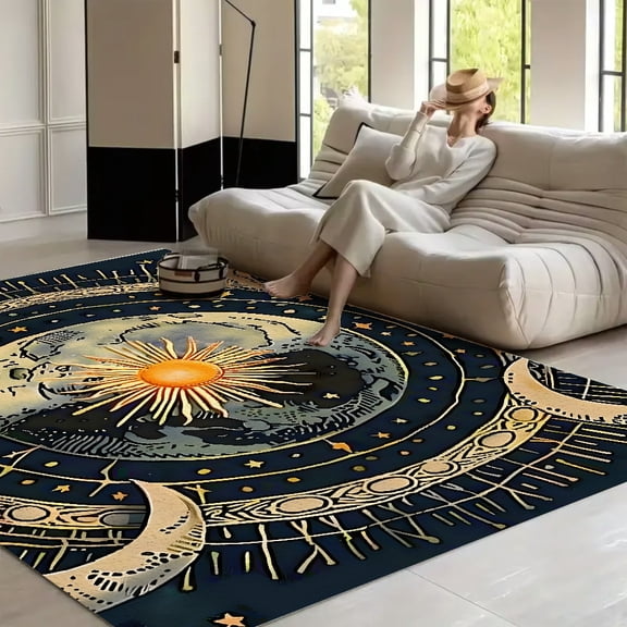 RKSupls Sun Moon Stars Gold Soft Fluffy Velvet Area Rug for Living Room Bedroom, Non-Slip Washable Carpet, Modern Minimalist Home Decor Floor Mat