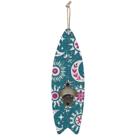 RKSupls Sun Moon Stars Teal Wooden Wall Mounted Bottle Opener, MDF Hanging Beer Opener with Hemp Rope for Home Bar Farmhouse Decor