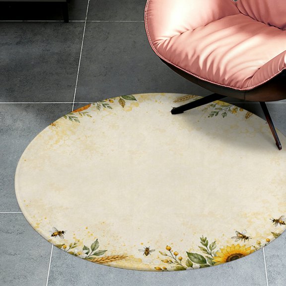 RKSupls Sunflower Bee Autumn Harvest Round Flannel Floor Mat, Soft Non-Slip Washable Rug suitable for Living Room Bedroom Nursery, Decorative Floor Rug