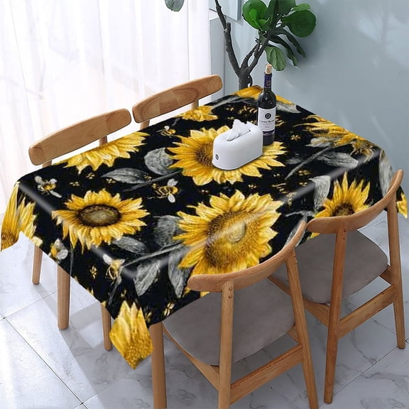 RKSupls Sunflowers Bees Black Pattern Rectangle Dining Tablecloth, Washable Wipeable Stain & Wrinkle Resistant Polyester Tablecloth for Kitchen Picnic Party
