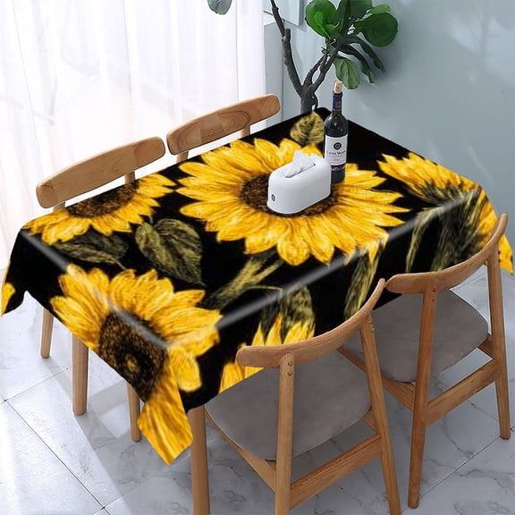 RKSupls Sunflowers Black Background Rectangle Dining Tablecloth, Washable Wipeable Stain & Wrinkle Resistant Polyester Tablecloth for Kitchen Picnic Party