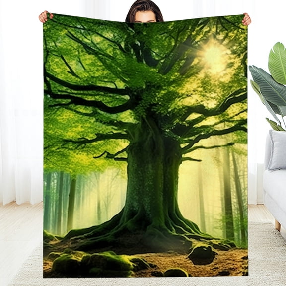 RKSupls Sunlight Forest Tree Green Fuzzy Bedding for the Couch, Lightweight Soft All-Season Blanket , Soft Throw for Couch, Travel, Camping Home Decor