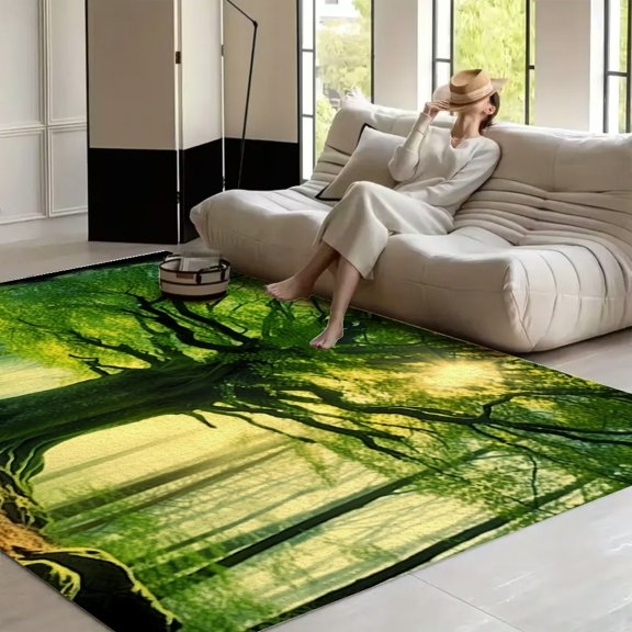 RKSupls Sunlight Forest Tree Green Soft Fluffy Velvet Area Rug for Living Room Bedroom, Non-Slip Washable Carpet, Modern Minimalist Home Decor Floor Mat