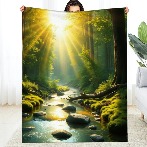 RKSupls Sunlit Forest Stream Soft Flannel Throw Blanket, Lightweight Fuzzy Warm Cozy Blanket for Couch Bed Home Travel Decor