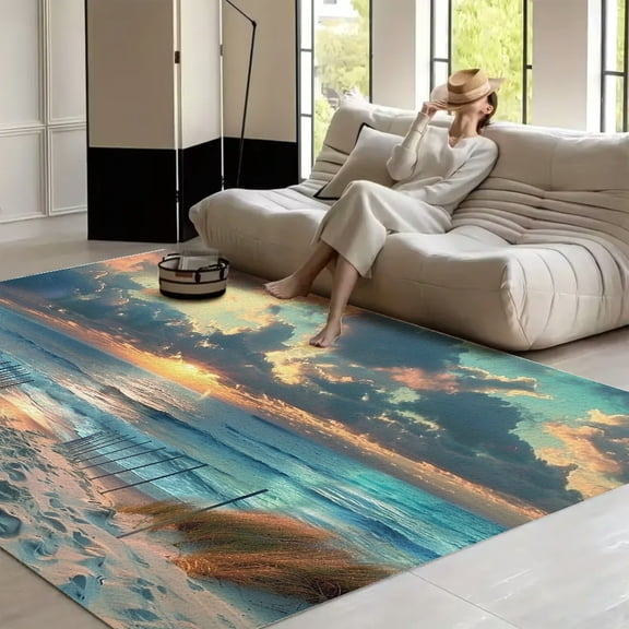 RKSupls Sunset Beach Path Soft Fluffy Velvet Area Rug for Living Room Bedroom, Non-Slip Washable Carpet, Modern Minimalist Home Decor Floor Mat
