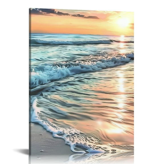 RKSupls Sunset Beach Waves  Modern Art,  Ready to Hang,  Canvas Print Bathroom Bedroom Kitchen Dining Room Entryway Wall Decor Prints