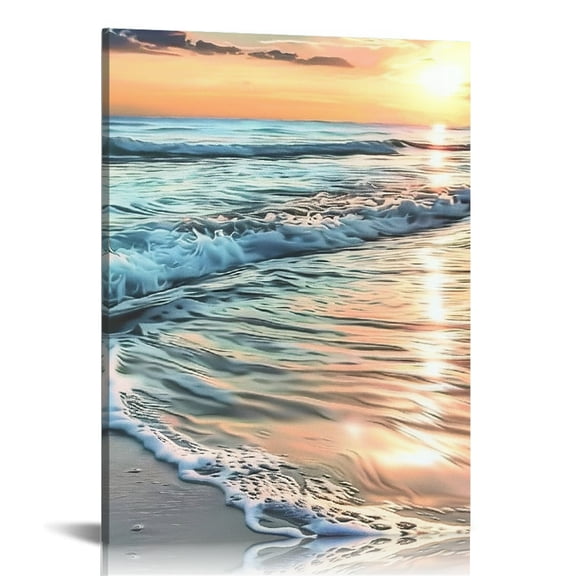 RKSupls Sunset Beach Waves  Modern Art,  Ready to Hang,  Canvas Print Bathroom Bedroom Kitchen Dining Room Entryway Wall Decor Prints