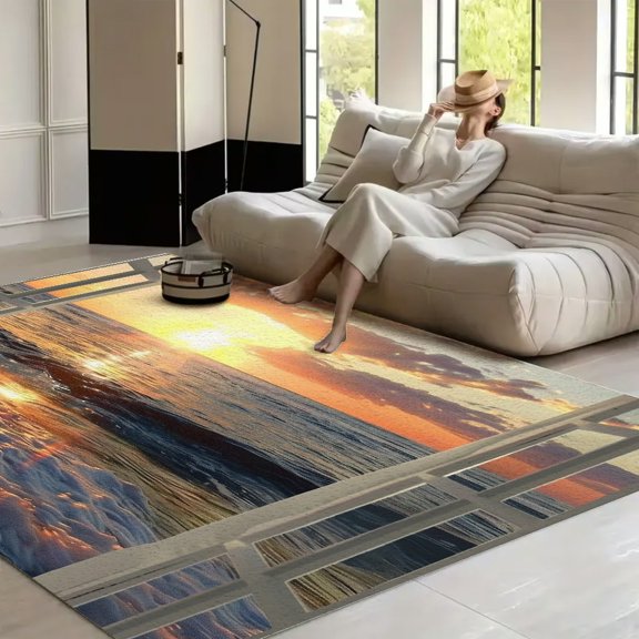RKSupls Sunset Beach Window  Soft Fluffy Velvet Area Rug   for Living Room Bedroom, Non-Slip Washable Carpet, Modern Minimalist Home Decor Floor Mat