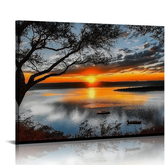 RKSupls Sunset Lake Boat Canvas Wall Art, Warm Watercolor Scenery Style Wall Decor Print, Modern Artwork for Living Room Bedroom Office Home Decor