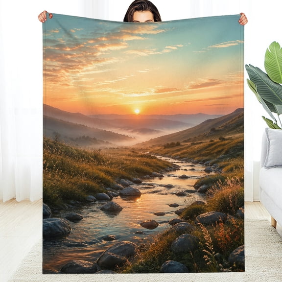 RKSupls Sunset Mountain River Soft Flannel Fleece Blanket, Soft Allergy  All-Season Blanket , Soft Throw for Couch, Travel, Camping
