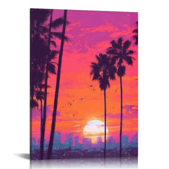 RKSupls Sunset Palm Cityscape Canvas Wall Art, Canvas Prints Wall Art for Living Room Bedroom Entryway Office, Art Print Painting for Home Decor