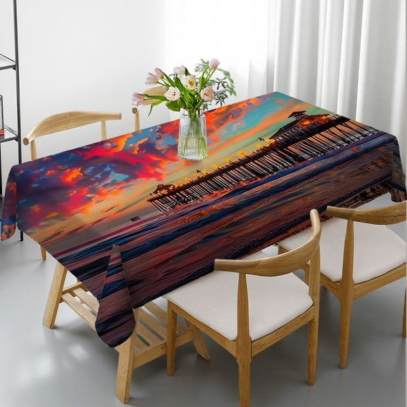 RKSupls  Sunset Pier Colorful Clouds Print Rectangle Dining Tablecloth, Holiday Party Tablecloth Machine-Made, Sunset Pier Colorful Clouds