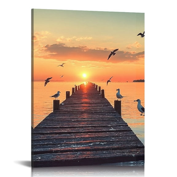 RKSupls Sunset Pier Seagull Canvas Wall Art, Canvas Prints Wall Art for Living Room Bedroom Entryway Office, Art Print Painting for Home Decor