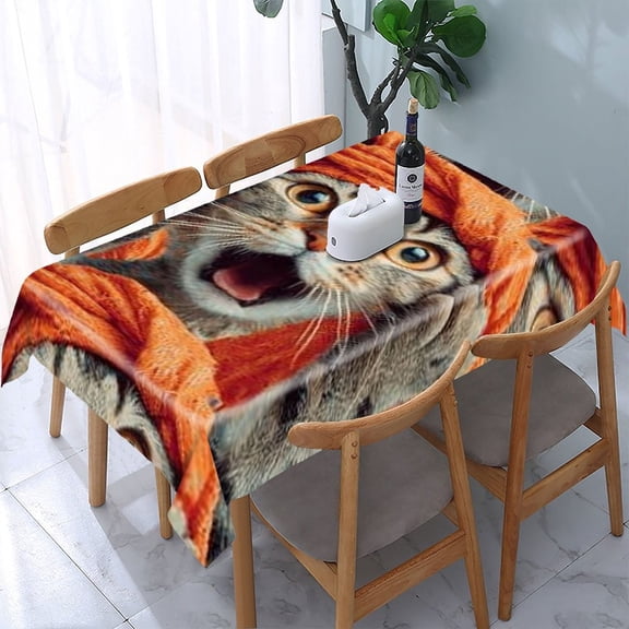 RKSupls Surprised Cat Scream Rectangle Dining Tablecloth, Washable Wipeable Stain & Wrinkle Resistant Polyester Tablecloth for Kitchen Picnic Party