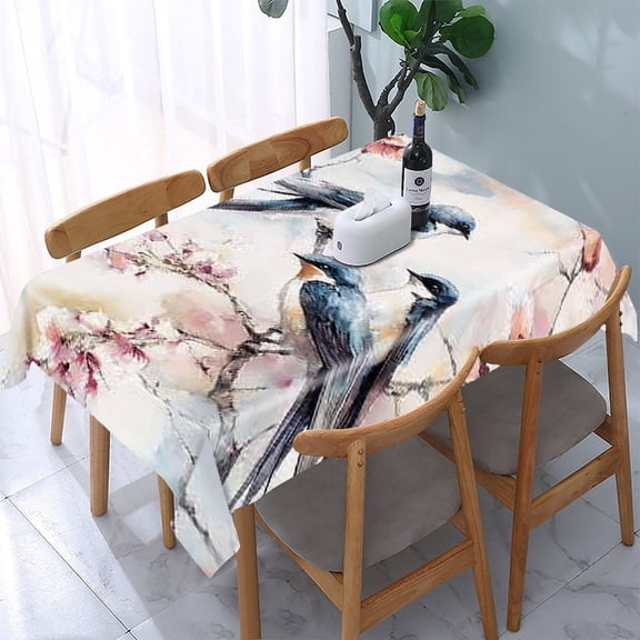 RKSupls Swallows Cherry Blossoms Rectangle Dining Tablecloth, Washable Wipeable Stain & Wrinkle Resistant Polyester Tablecloth for Kitchen Picnic Party