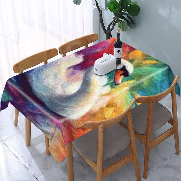 RKSupls Swan Rainbow Water Rectangle Dining Tablecloth, Washable Wipeable Stain & Wrinkle Resistant Polyester Tablecloth for Kitchen Picnic Party