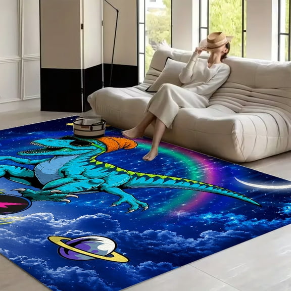 RKSupls T-Rex Skateboarding in Galaxy Neon Space Art  Soft Fluffy Velvet Area Rug   for Living Room Bedroom, Non-Slip Washable Carpet, Modern Minimalist Home Decor Floor Mat