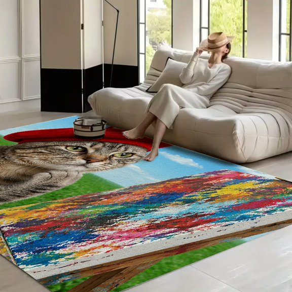 RKSupls Tabby Cat Artist Beret Easel Painting Soft Fluffy Velvet Area Rug for Living Room Bedroom, Non-Slip Washable Carpet, Modern Minimalist Home Decor Floor Mat