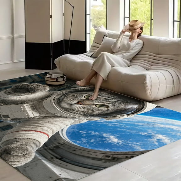 RKSupls Tabby Cat Astronaut Space Station Soft Fluffy Velvet Area Rug for Living Room Bedroom, Non-Slip Washable Carpet, Modern Minimalist Home Decor Floor Mat