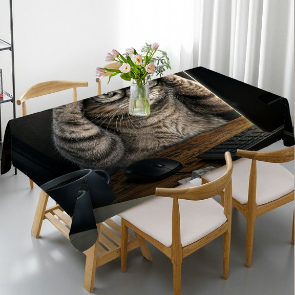RKSupls  Tabby Cat Office Computer Stress Print Rectangle Dining Tablecloth, Polyester Tablecloths Kitchen Accessories, Tabby Cat Office Computer Stress