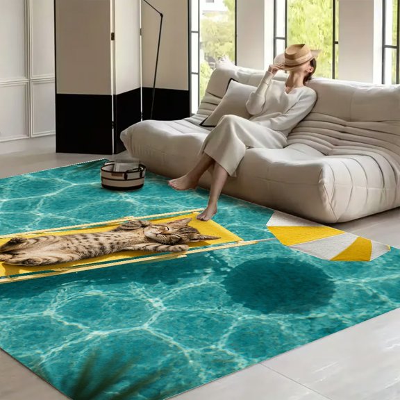 RKSupls Tabby Kitten Deck Chair Pool Umbrella Soft Fluffy Velvet Area Rug for Living Room Bedroom, Non-Slip Washable Carpet, Modern Minimalist Home Decor Floor Mat