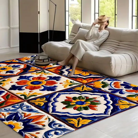 RKSupls Talavera Floral Mosaic Ceramic Tile Pattern  Soft Fluffy Velvet Area Rug   for Living Room Bedroom, Non-Slip Washable Carpet, Modern Minimalist Home Decor Floor Mat