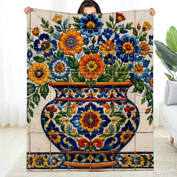 RKSupls Talavera Flower Vase Ceramic Tile Pattern Soft Flannel Fleece Blanket, Reversible All-Season Comfort  Fuzzy Bedding for the Couch, Soft Throw for Couch, Travel, Camping