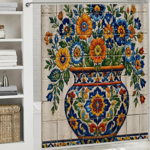 RKSupls Talavera Flower Vase Ceramic Tile Pattern Waterproof Shower Curtain  Polyester Shower Curtain with Hooks for Chic Elegant Home Bathtub Bathroom Decor