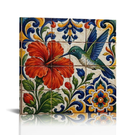 RKSupls Talavera Hummingbird Hibiscus Ceramic Tile Pattern Wall Art Canvas Print, Ready to Hang, Modern Wall Decor Bathroom Bedroom Kitchen Dining room Wall Decor Prints