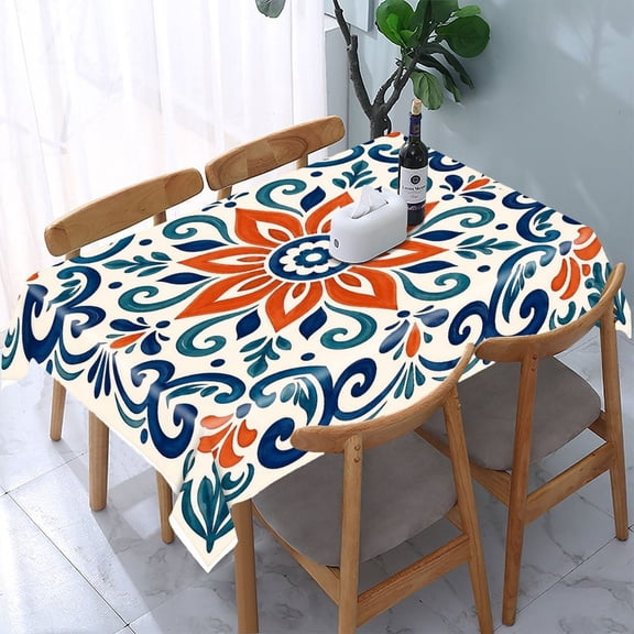 RKSupls Talavera Orange Blue Flower Tile Rectangle Dining Tablecloth, Washable Wipeable Stain & Wrinkle Resistant Polyester Tablecloth for Kitchen Picnic Party