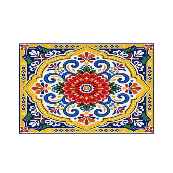 RKSupls Talavera Red Flower Medallion Linen Placemats 30x45cm Straight Edge Stain Resistant Washable Non-Slip Table Mats Table for Kitchen Dining Room Home