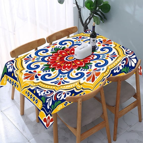 RKSupls Talavera Red Flower Medallion Rectangle Dining Tablecloth, Washable Wipeable Stain & Wrinkle Resistant Polyester Tablecloth for Kitchen Picnic Party