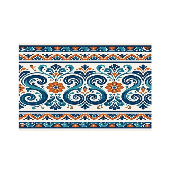 RKSupls Talavera Scroll Flower Border Linen Placemats 30x45cm Straight Edge Stain Resistant Washable Non-Slip Table Mats Table for Kitchen Dining Room Home
