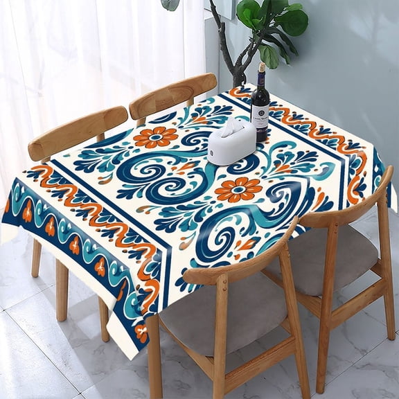 RKSupls Talavera Scroll Flower Border Rectangle Dining Tablecloth, Washable Wipeable Stain & Wrinkle Resistant Polyester Tablecloth for Kitchen Picnic Party