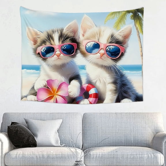 RKSupls Tapestry Wall Hanging Art, Beach Kitten Sunglasses Tapestry Decoration for Daily Bedroom, Dorm, Living Room, Apartment Hallway Home Decor