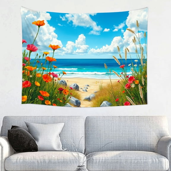 RKSupls Tapestry Wall Hanging Art, Beach Path with Flower and Ocean Tapestry Decoration for Daily Bedroom, Dorm, Living Room, Apartment Hallway Home Decor